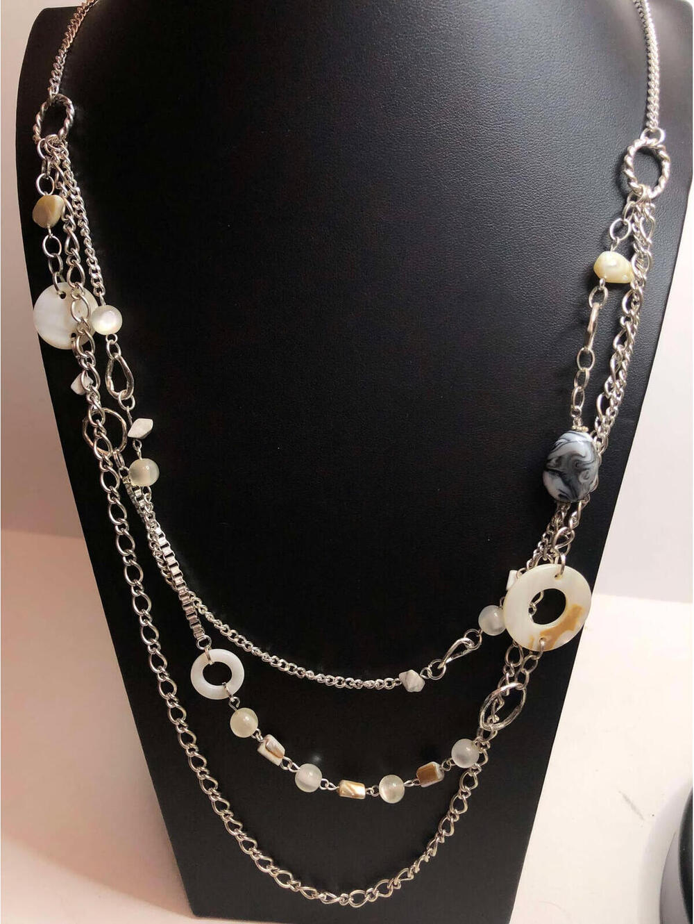 4248 AMI Silver tone layered mother of pearl station necklace 30" New